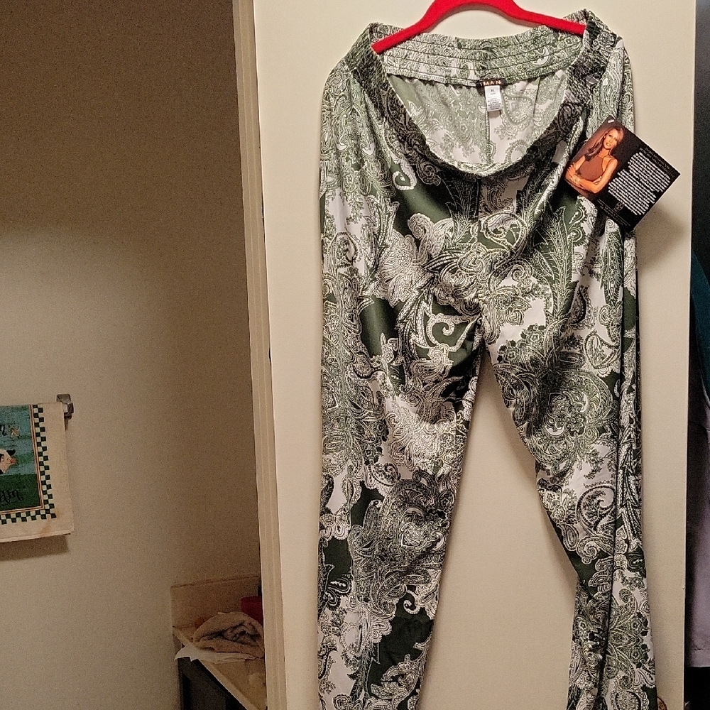 Green and white paisley pants plus solid green pants